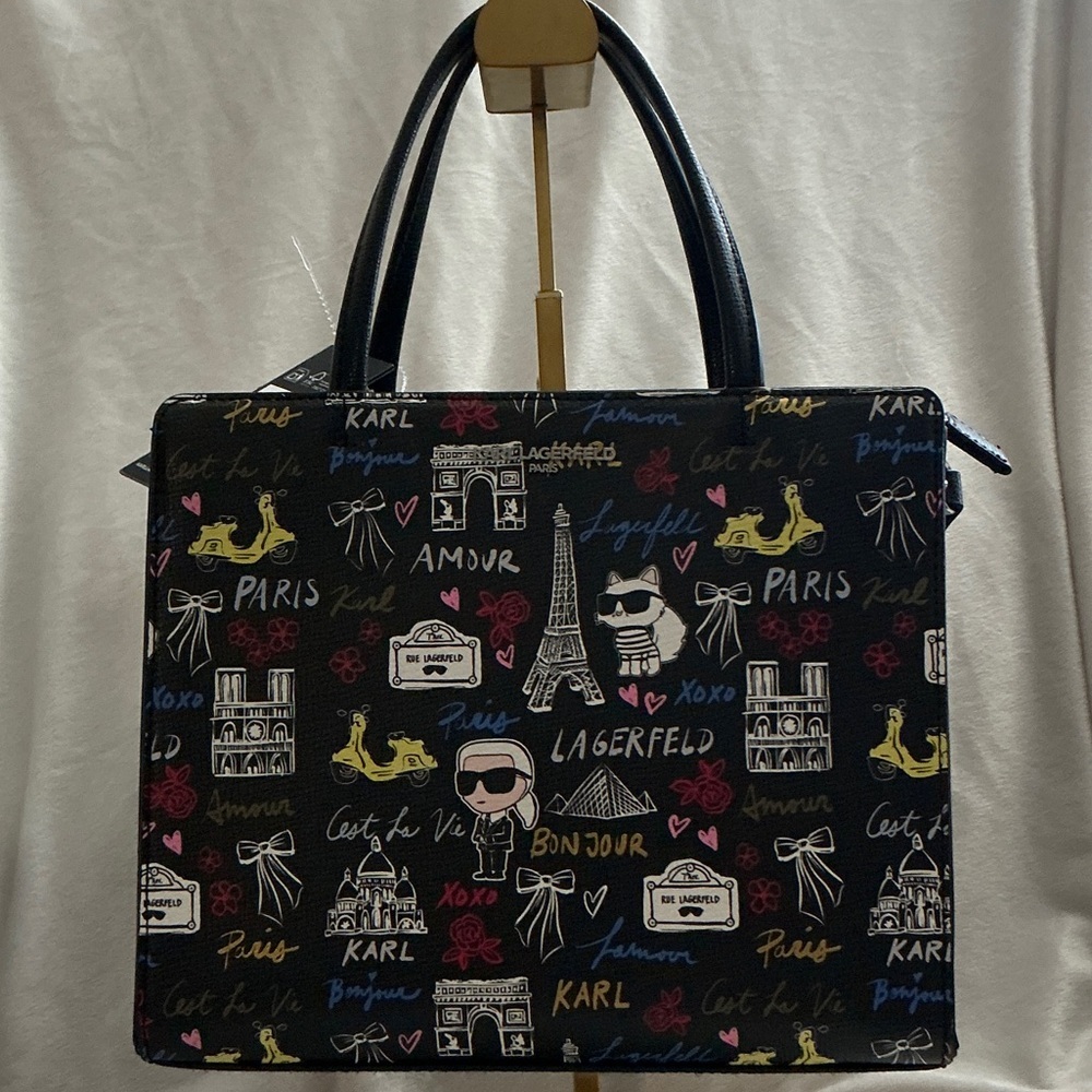 Karl Lagerfeld Black Paris Print Satchel with Multicolor Motifs